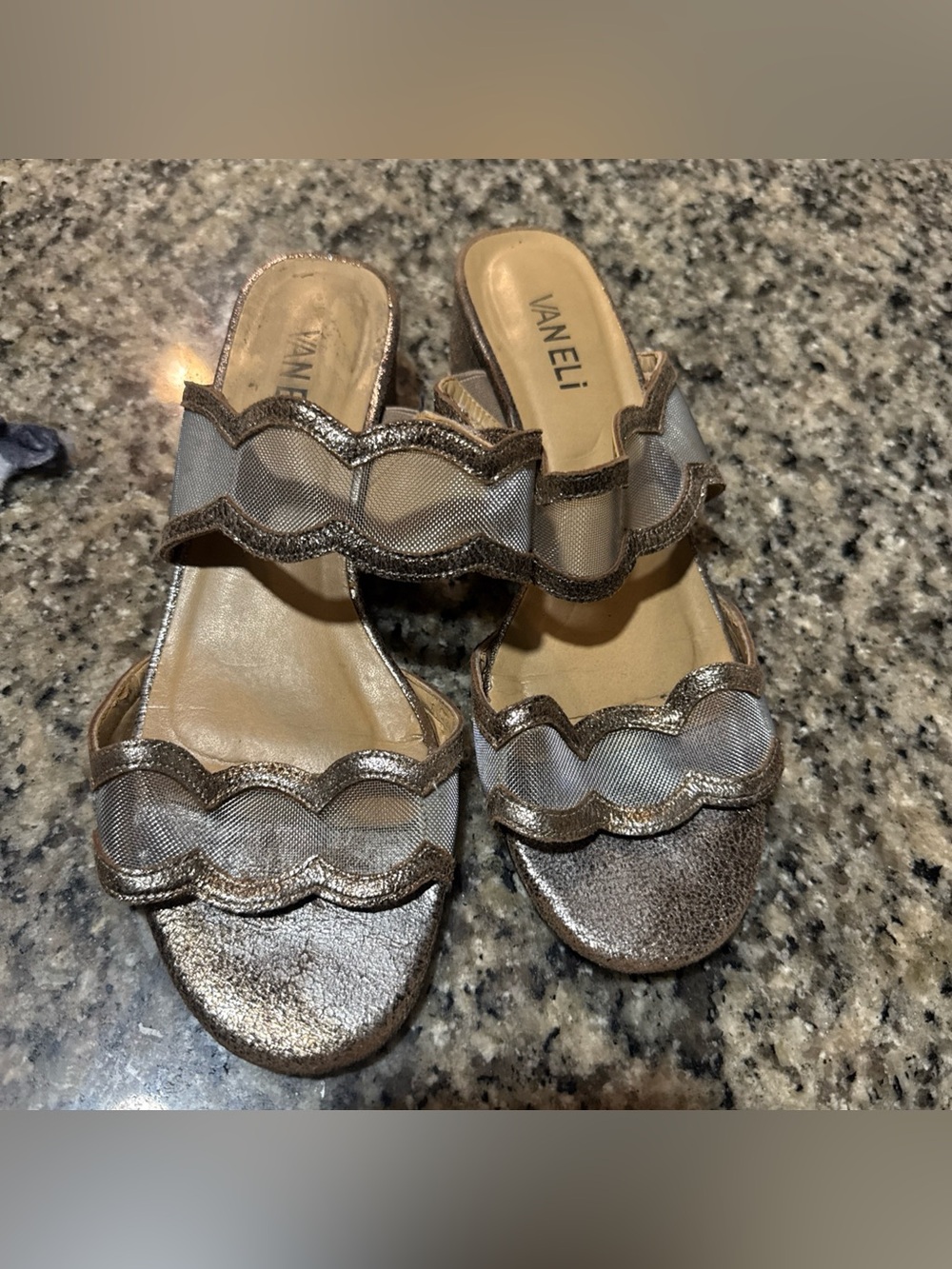 Vaneli Bronze Metallic Mesh Scallop-Trim Slide Mules